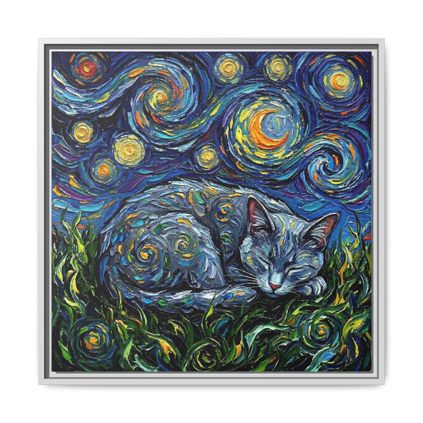 "Sleepy Korat Cat Night" Framed Canvas Wall Art