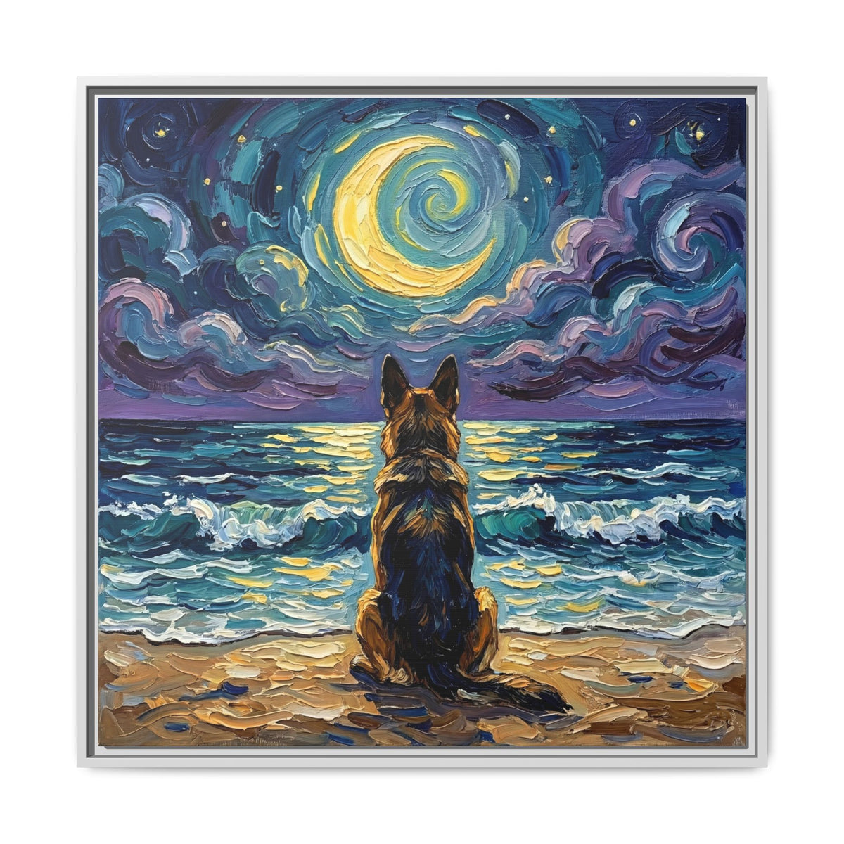 "Beach Night - German Shepherd" Framed Canvas Wall Art