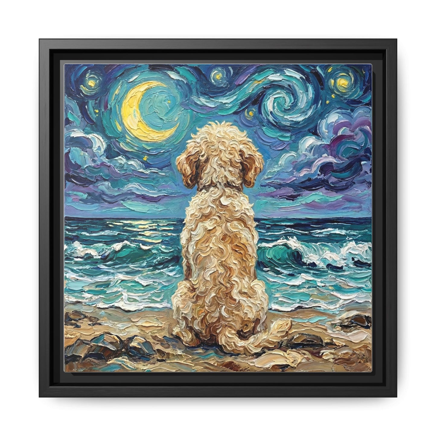 "Beach Nights - Goldendoodle" Framed Canvas Wall Art