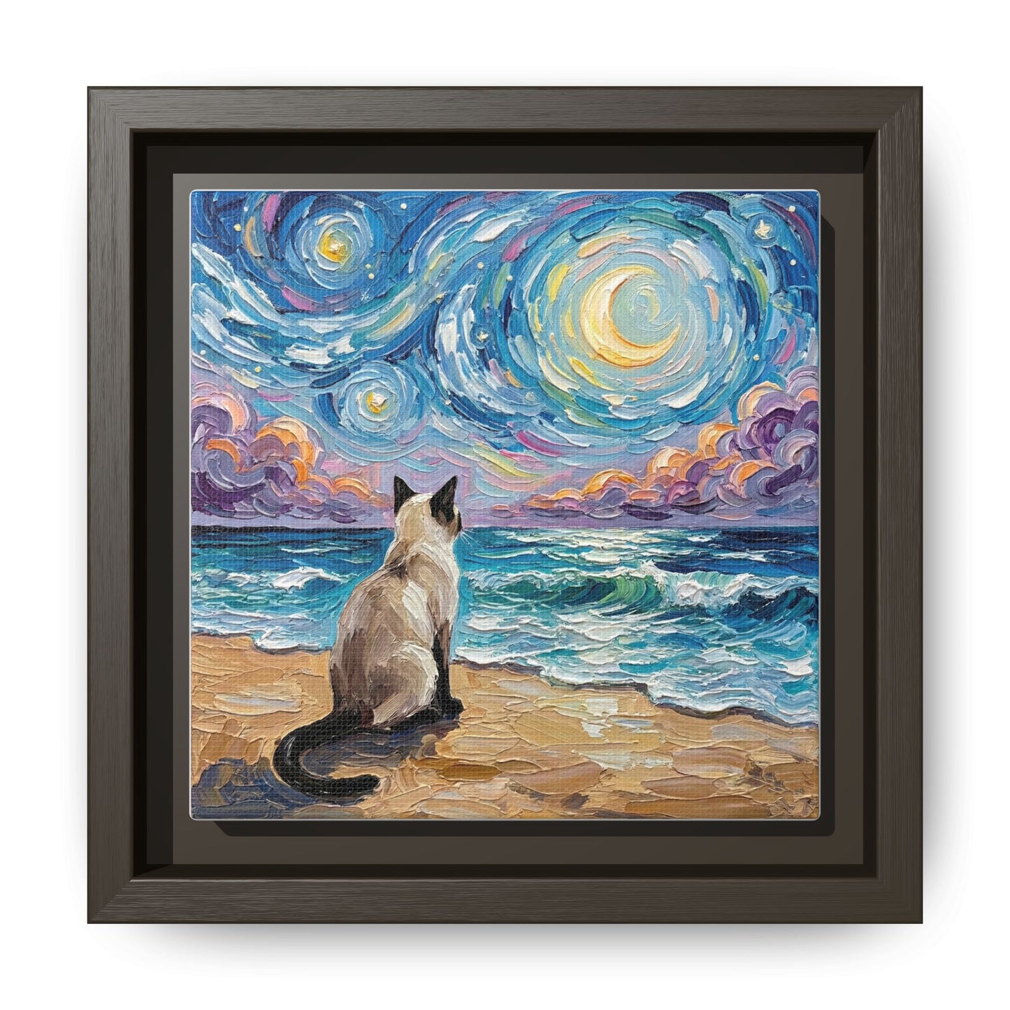 "Beach Night - Siamese Cat" Framed Canvas Wall Art
