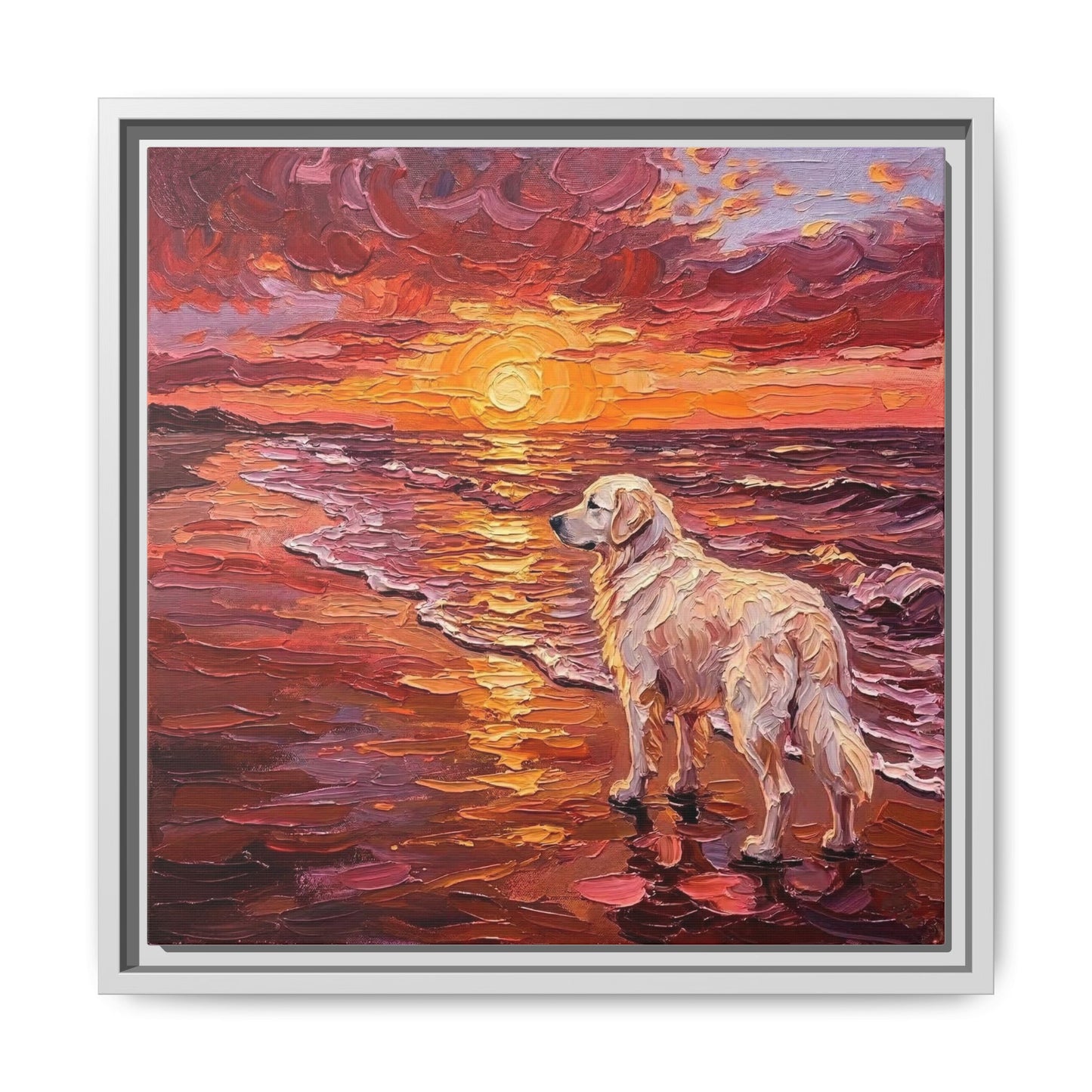 "Beach Day - Great Pyrenees" Framed Canvas Wall Art