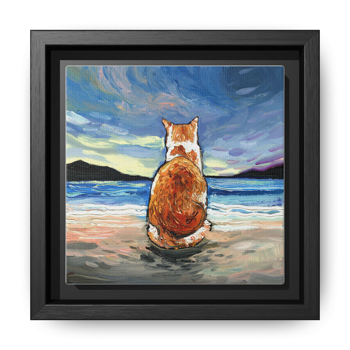 "Beach Day - Orange and White Tabby Cat" Framed Canvas Wall Art