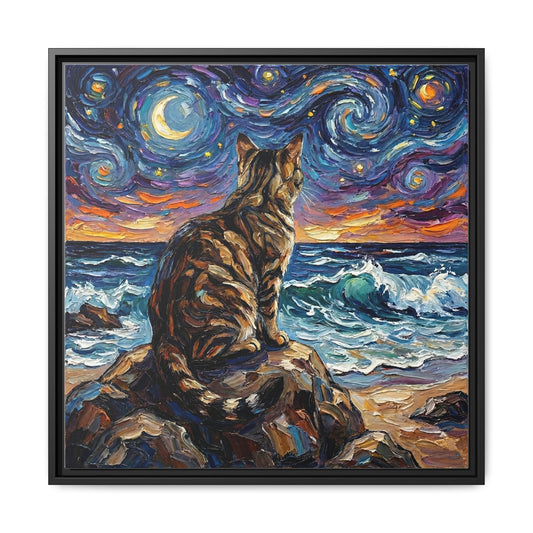 "Beach Night - Brown Tabby" Framed Canvas Wall Art