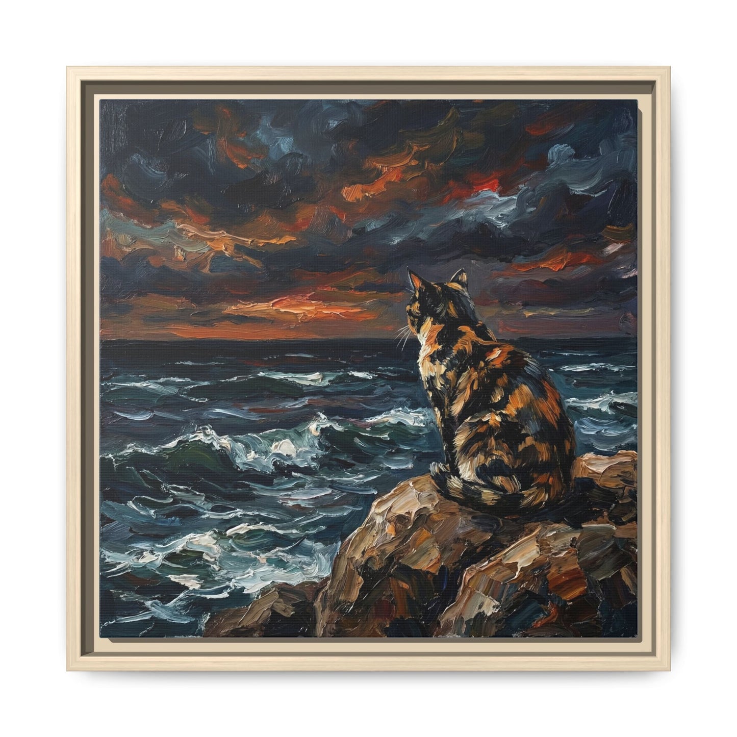 "Beach Night - Tortie Cat" Framed Canvas Wall Art