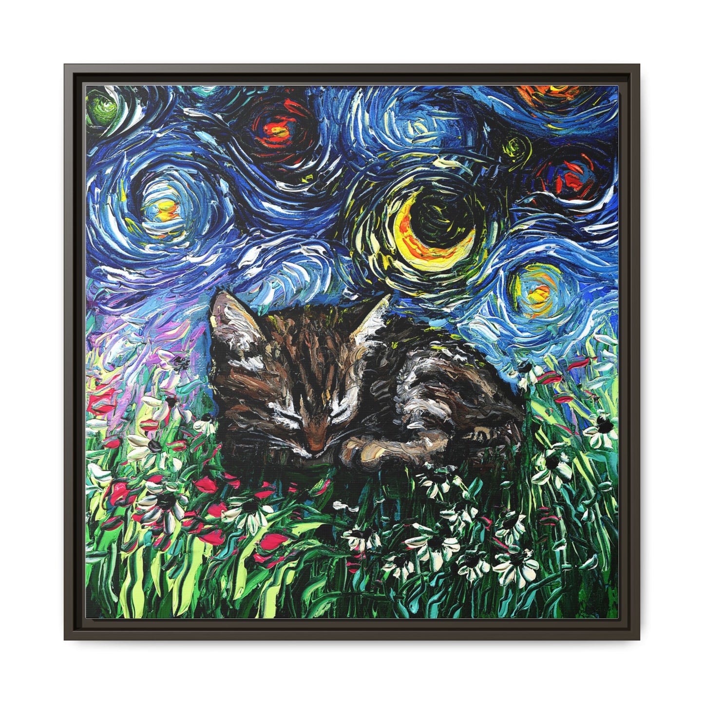 "Sleepy Tabby Kitten Night" Framed Canvas Wall Art