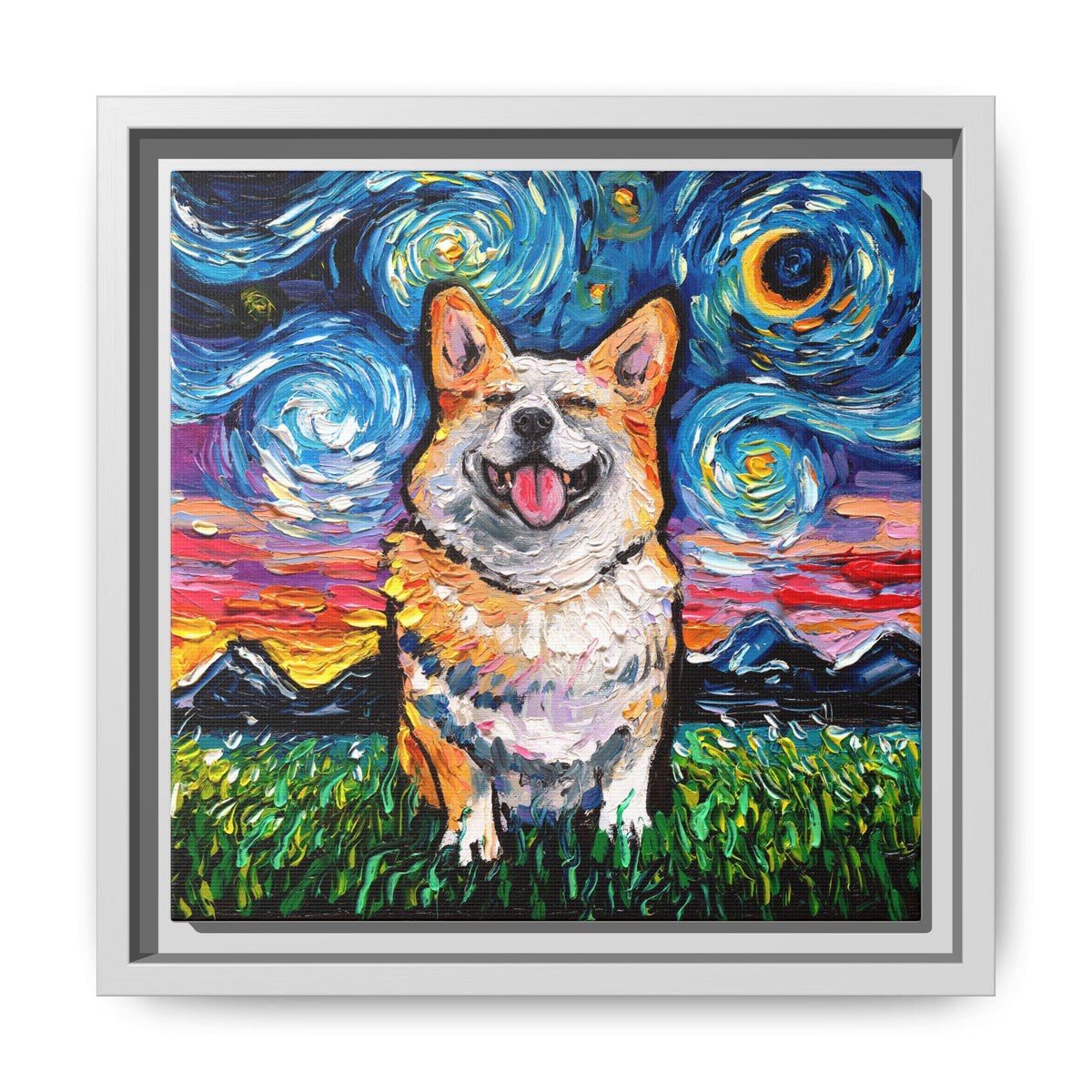 "Smiling Corgi Night" Framed Canvas Wall Art