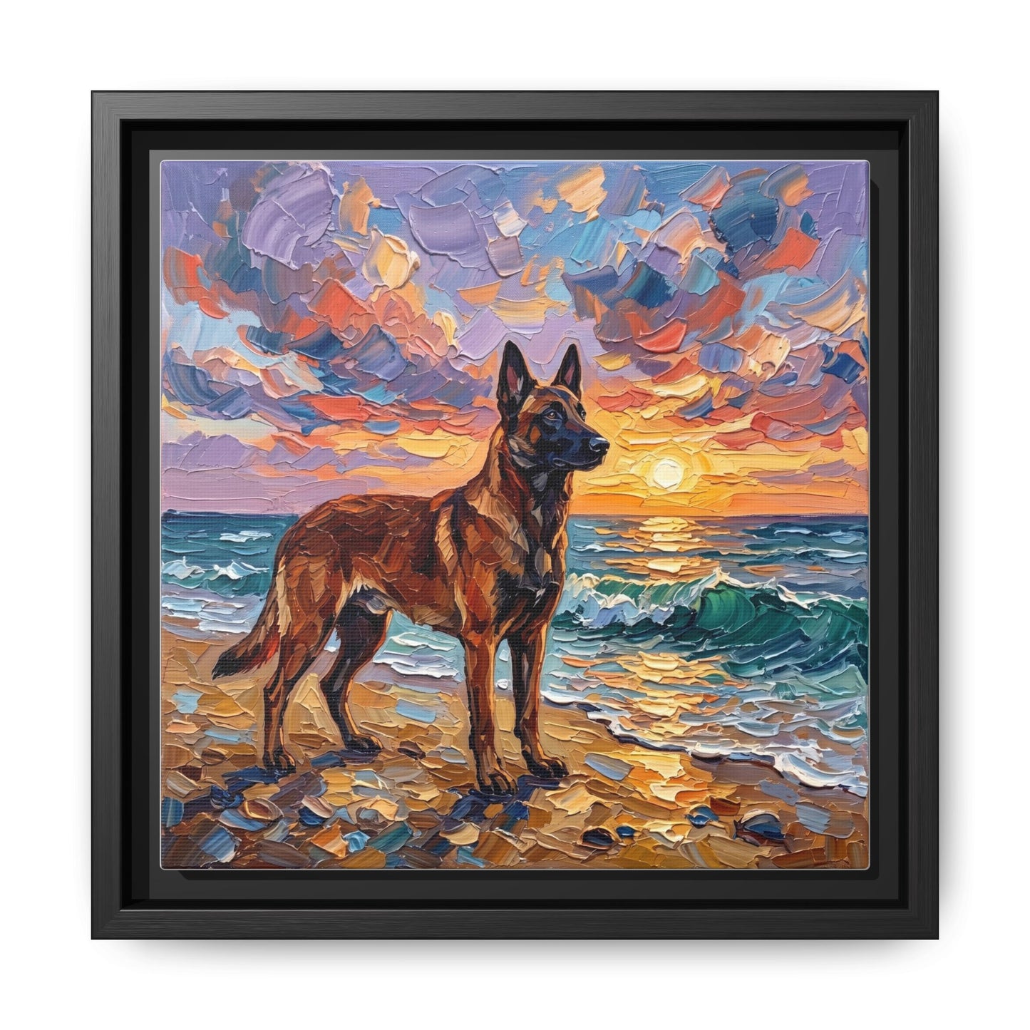 "Beach Sunset - Belgian Malinois" Framed Canvas Wall Art