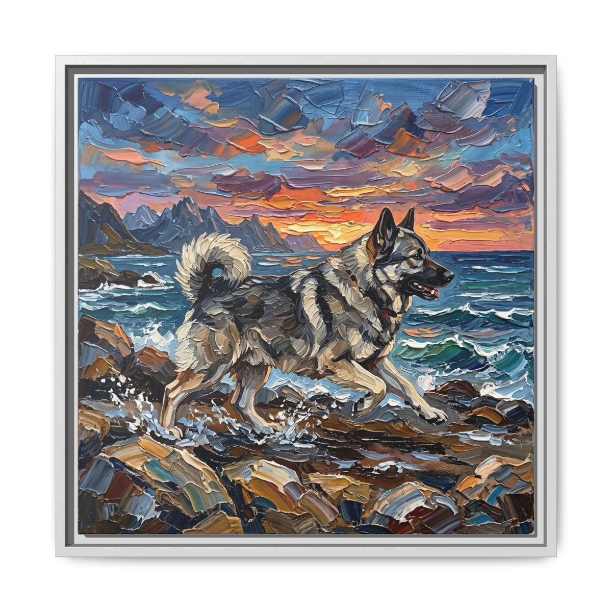 "Beach Days - Norwegian Elkhound" Framed Canvas Wall Art