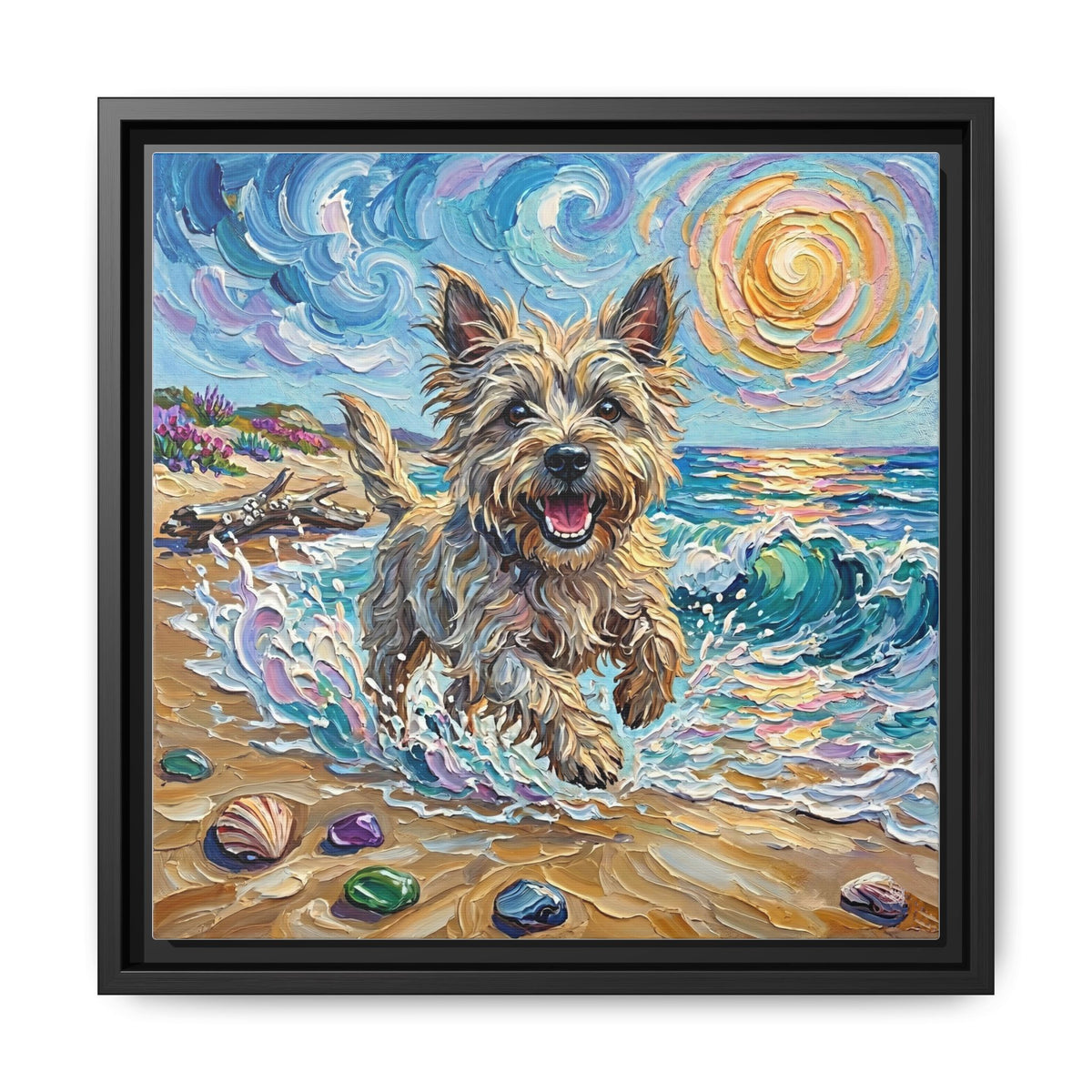 "Beach Days - Cairn Terrier" Framed Canvas Wall Art