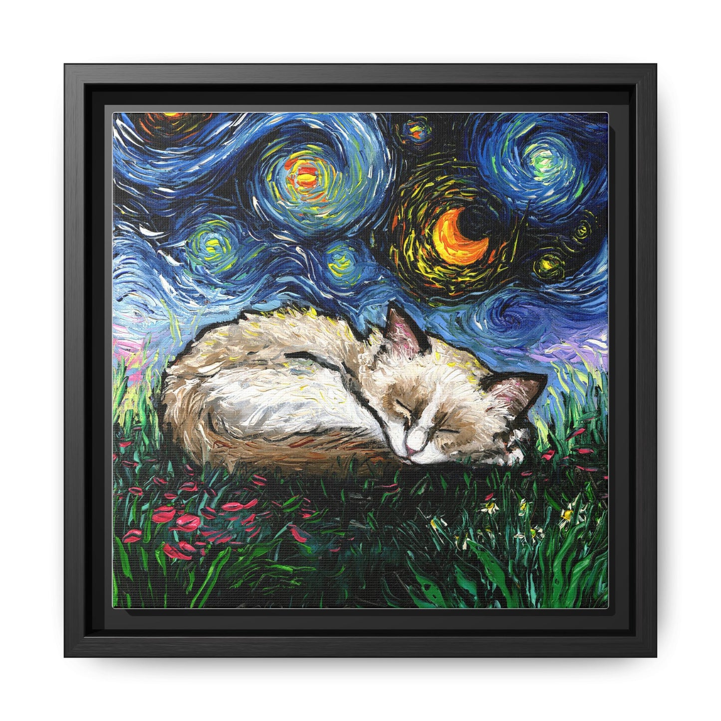 "Sleepy Ragdoll Kitten Night" Framed Canvas Wall Art