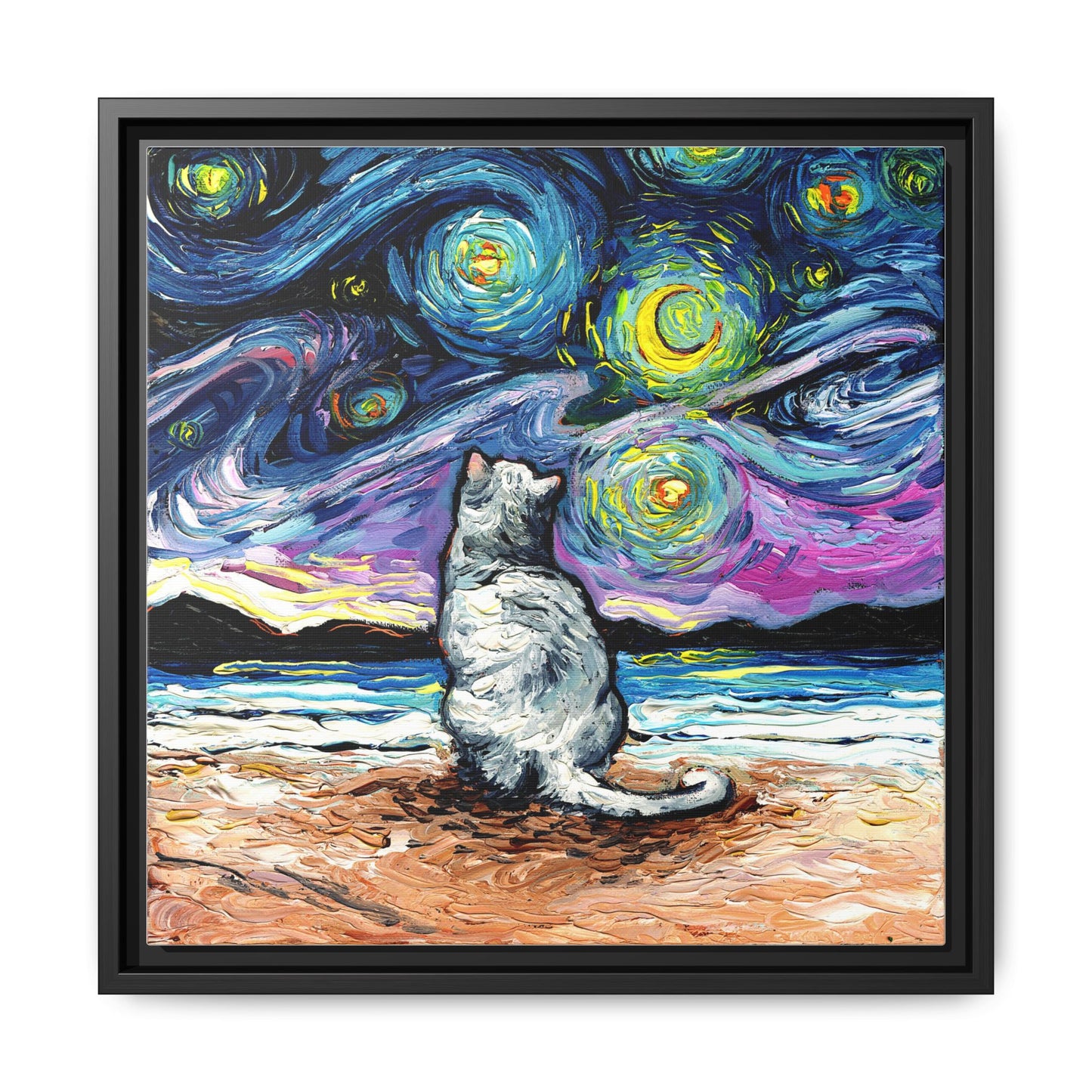 "White Cat Night 2" Framed Canvas Wall Art
