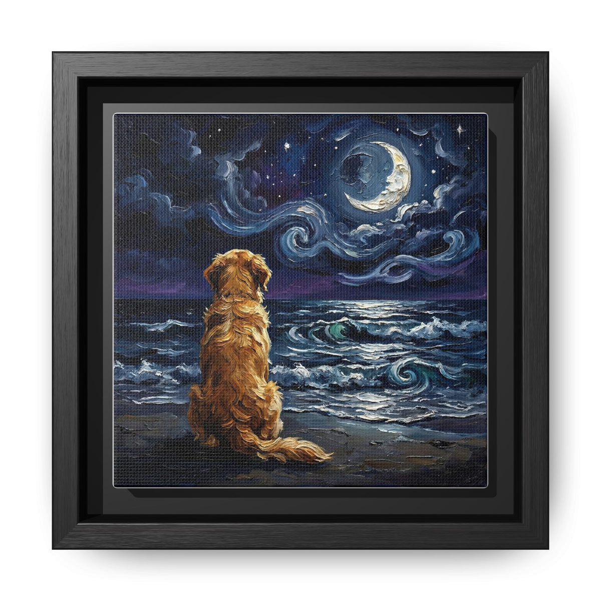 "Beach Night - Golden Retriever" Framed Canvas Wall Art