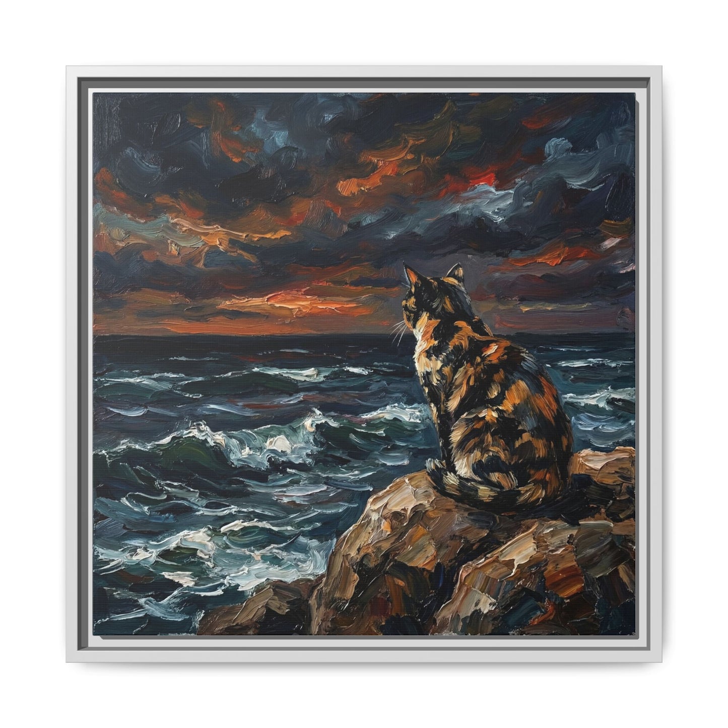 "Beach Night - Tortie Cat" Framed Canvas Wall Art