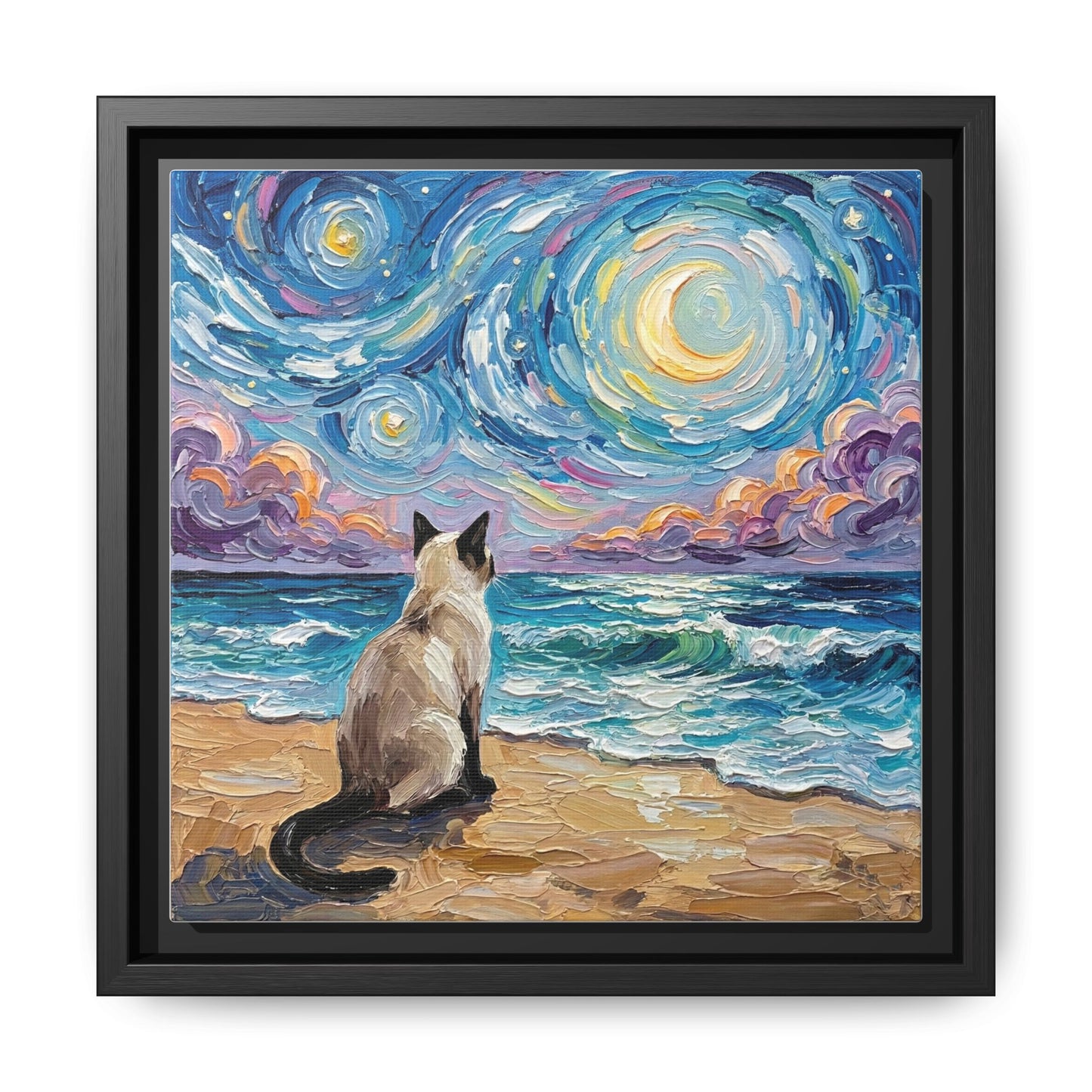 "Beach Night - Siamese Cat" Framed Canvas Wall Art