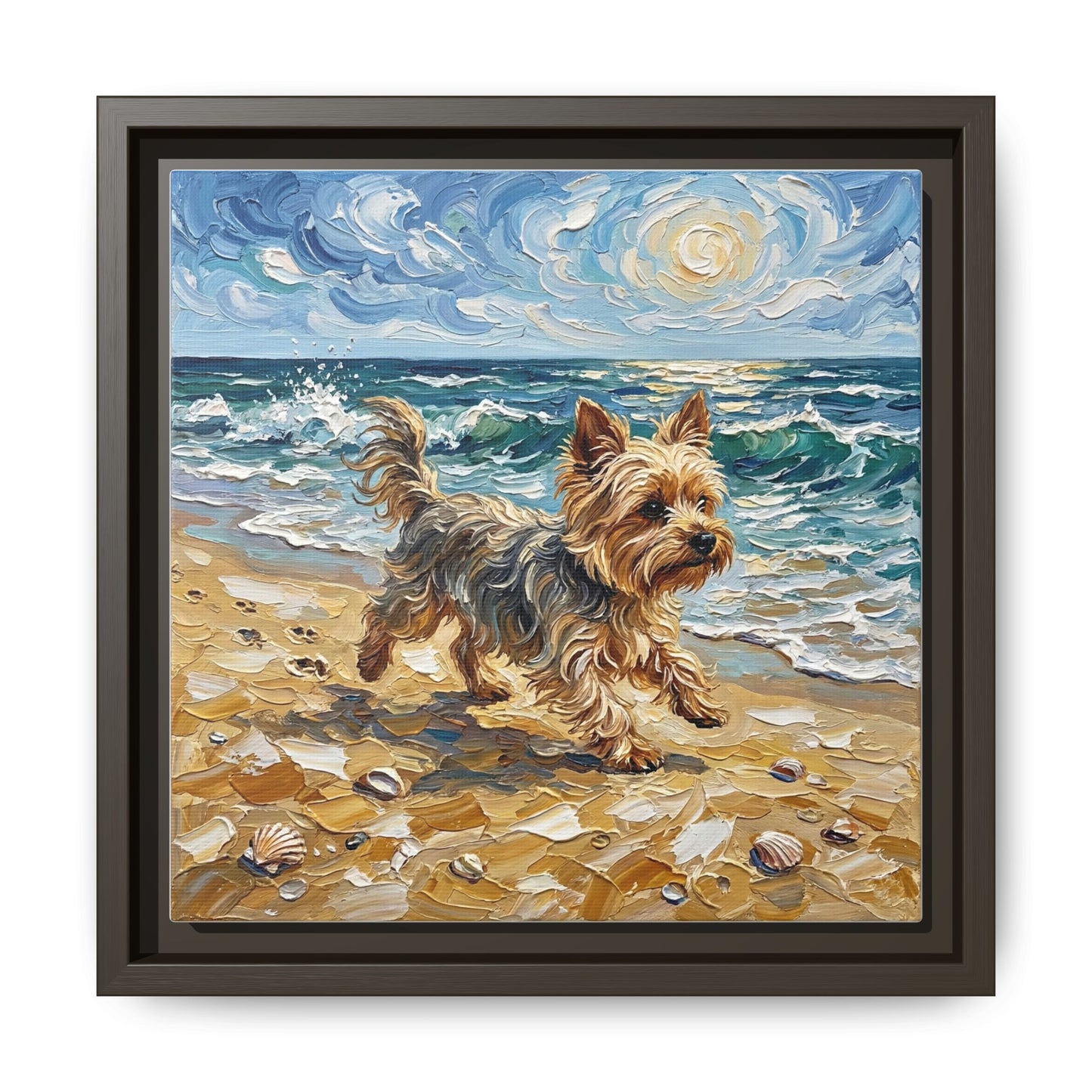 "Beach Day - Yorkie" Framed Canvas Wall Art