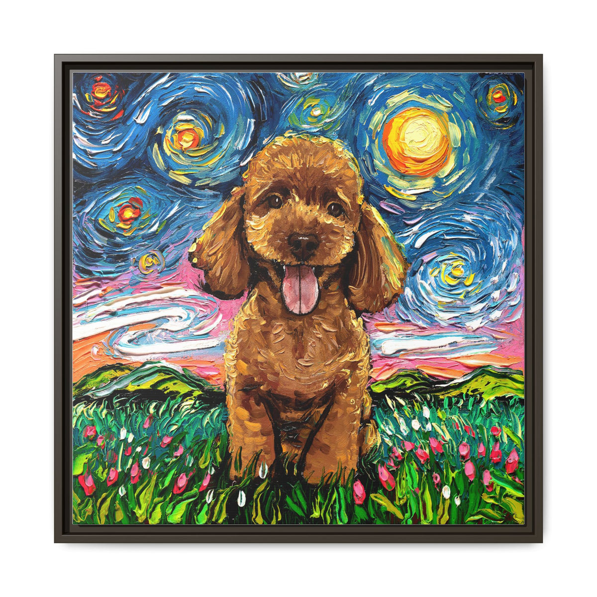 "Apricot Poodle Puppy Night" Framed Canvas Wall Art