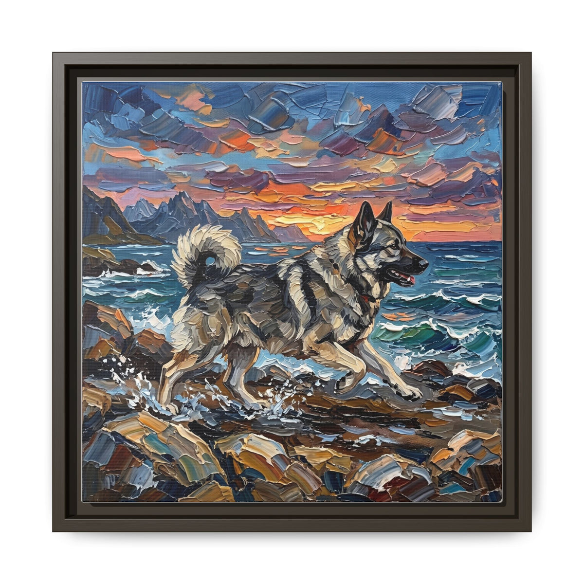 "Beach Days - Norwegian Elkhound" Framed Canvas Wall Art