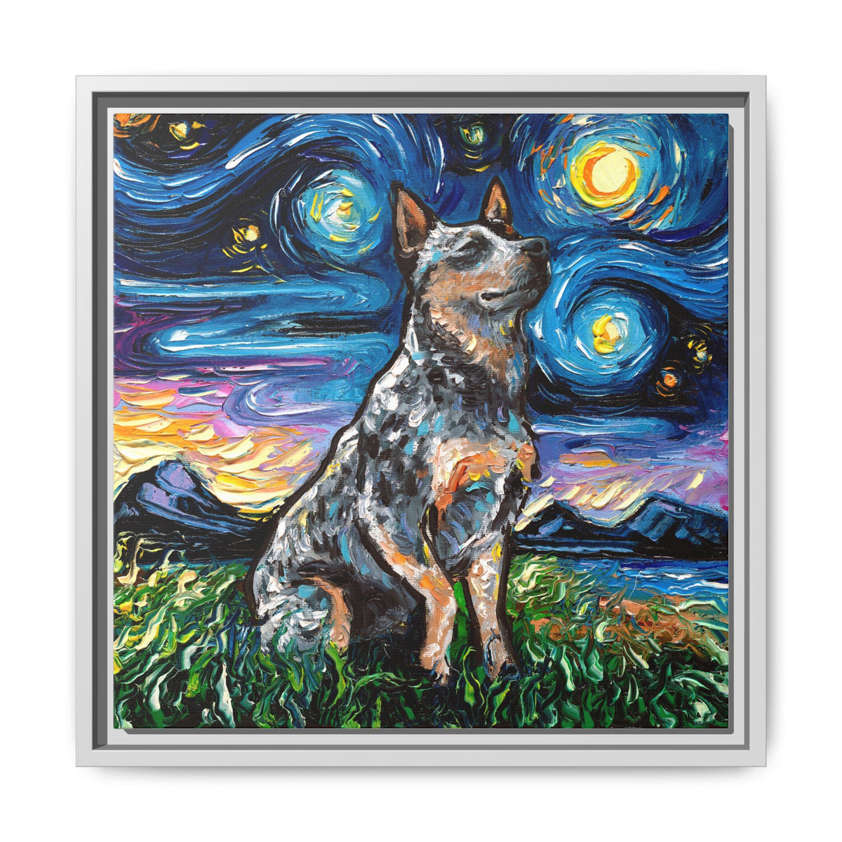 "Blue Heeler Night" Framed Canvas Wall Art