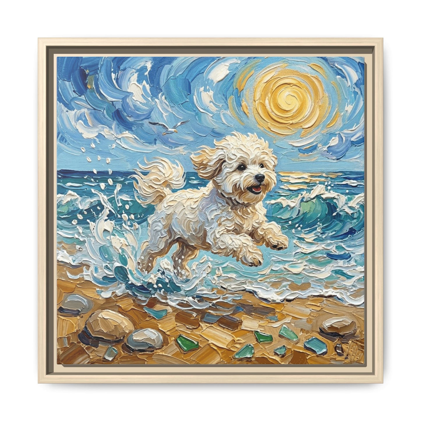 "Beach Day - Bichon Frise" Framed Canvas Wall Art