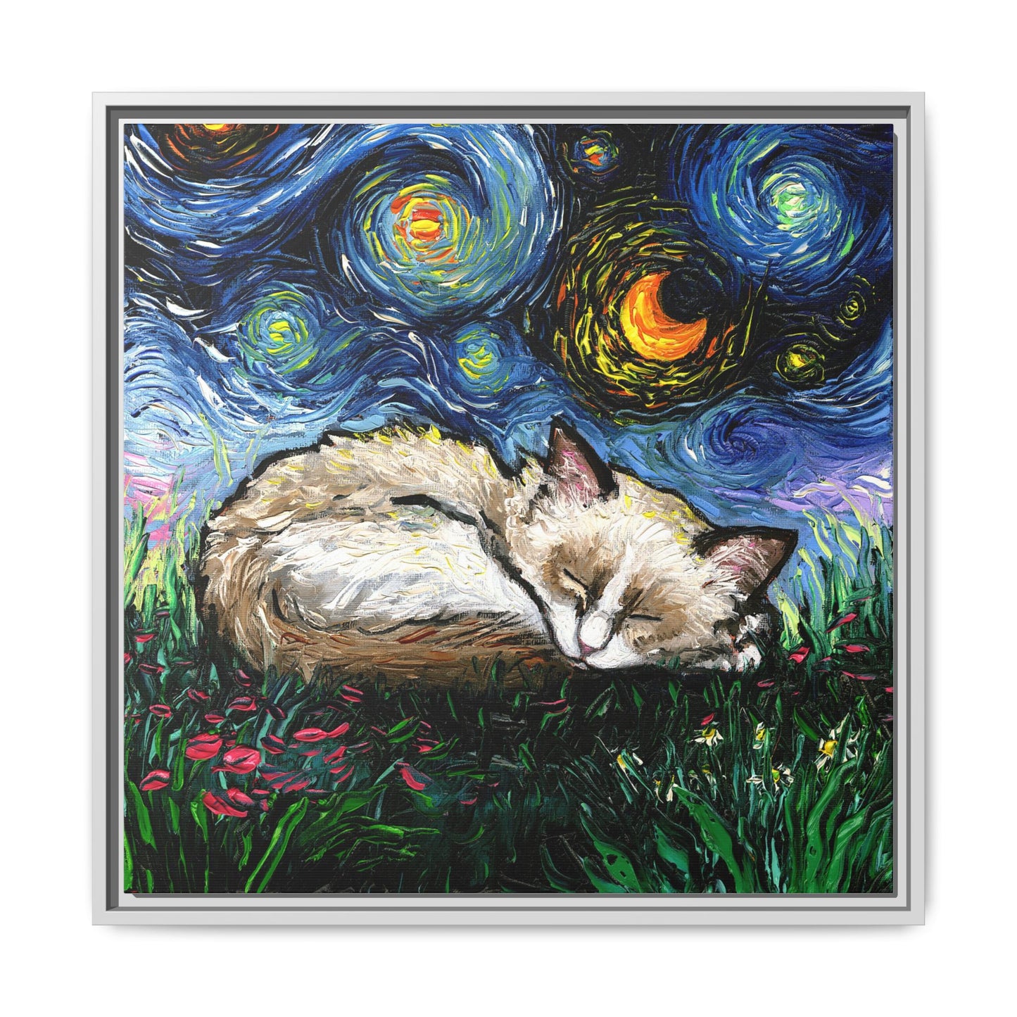 "Sleepy Ragdoll Kitten Night" Framed Canvas Wall Art