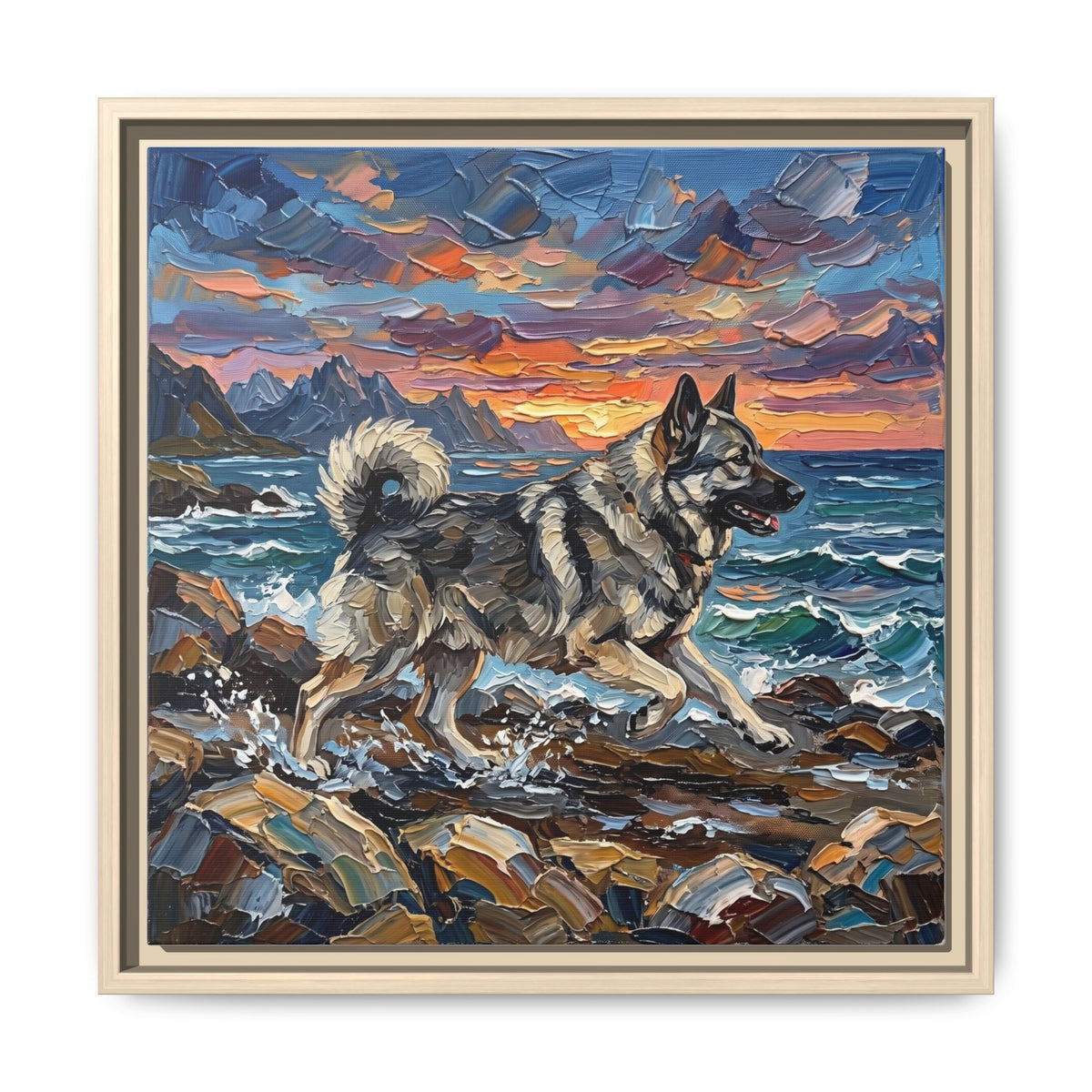 "Beach Days - Norwegian Elkhound" Framed Canvas Wall Art