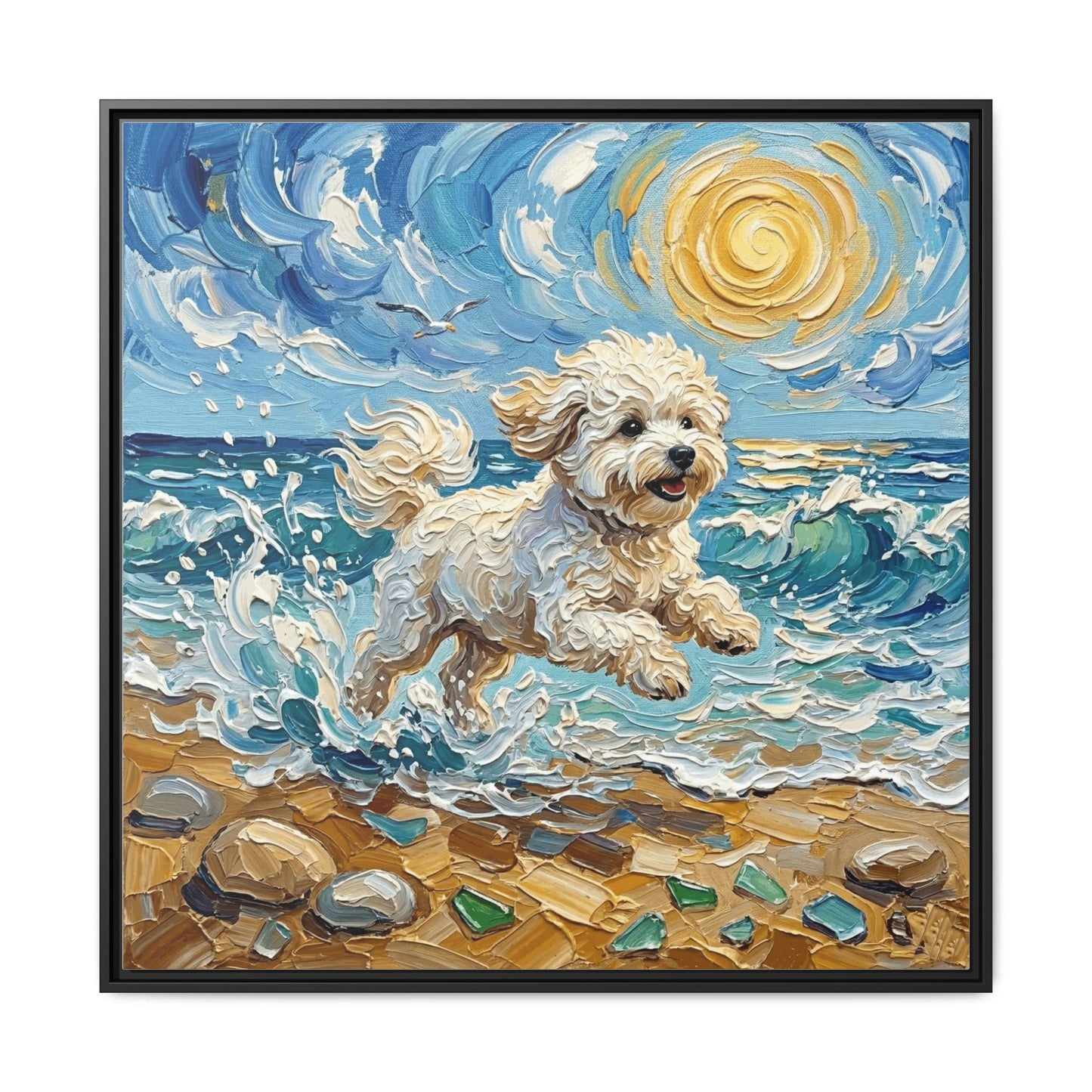 "Beach Day - Bichon Frise" Framed Canvas Wall Art