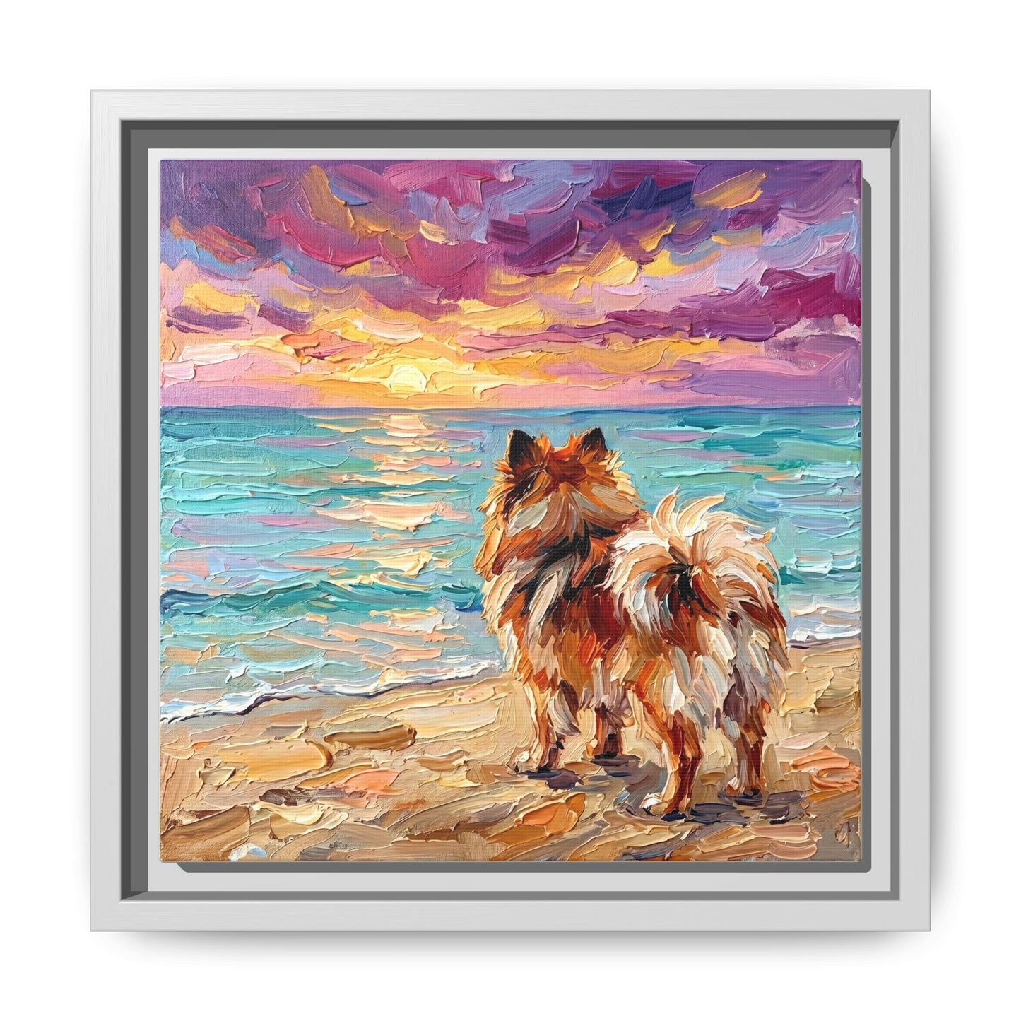 "Beach Sunset - Pomeranian" Framed Canvas Wall Art