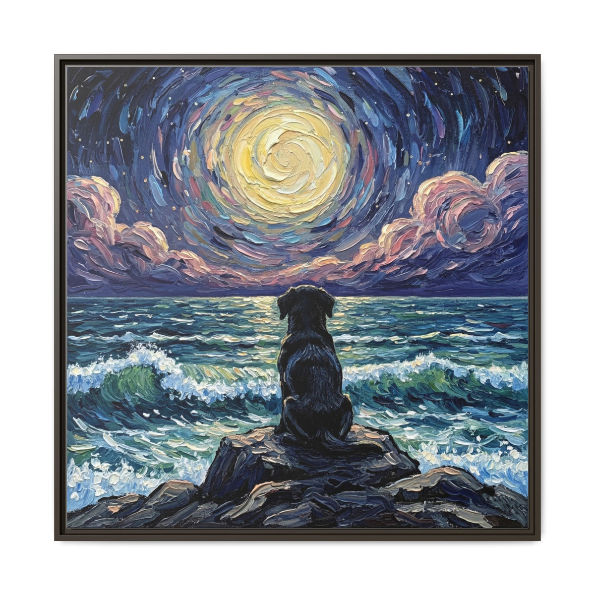 "Beach Night - Black Lab Puppy" Framed Canvas Wall Art