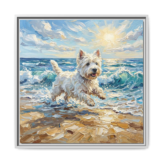"Frolicking Westie" Framed Canvas Wall Art