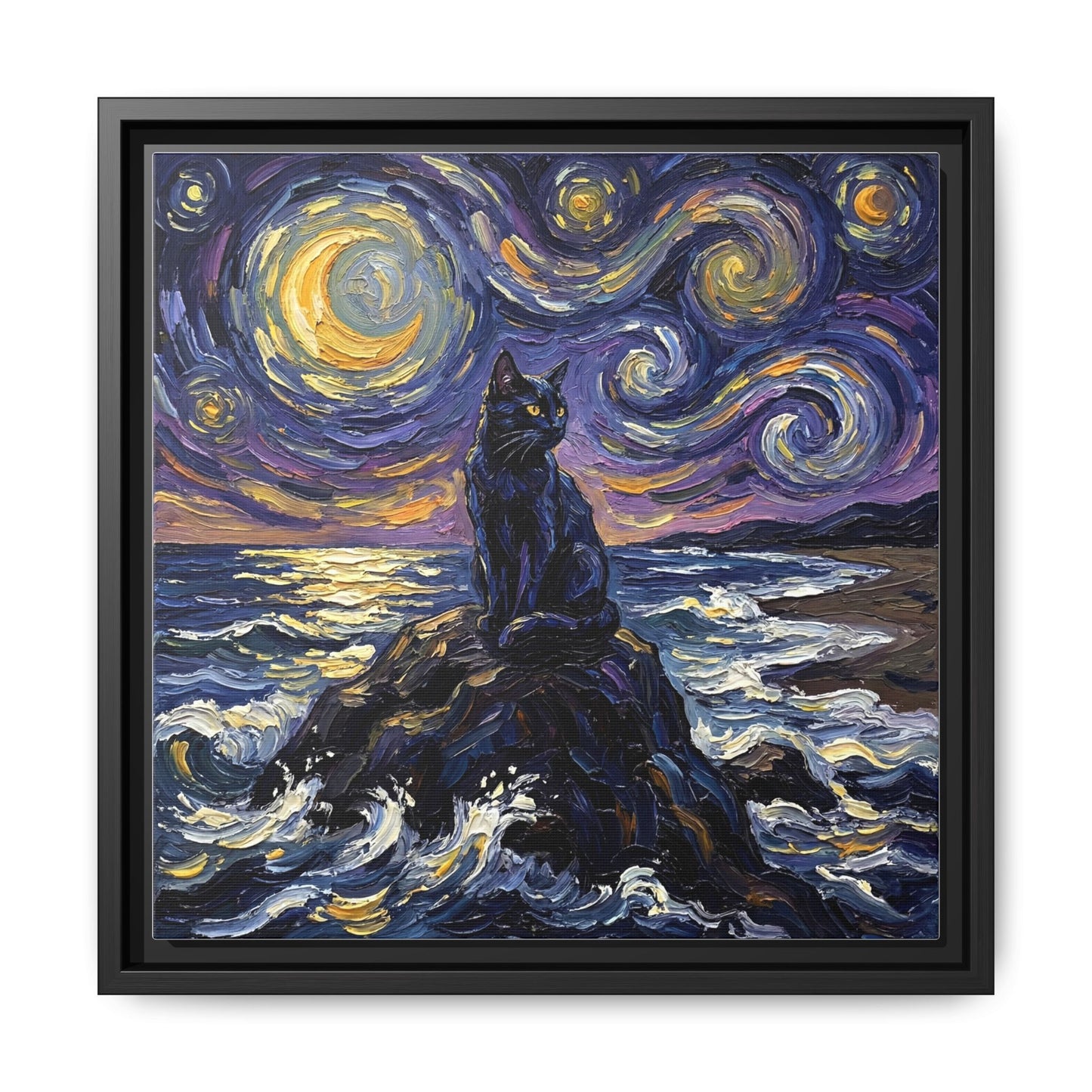 "Beach Night - Black Cat" Framed Canvas Wall Art