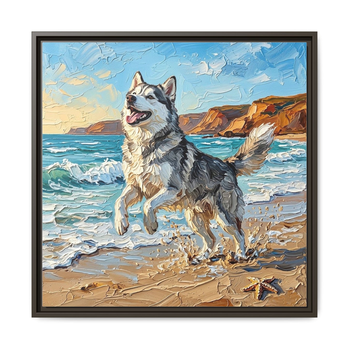 "Beach Day - Husky" Framed Canvas Wall Art
