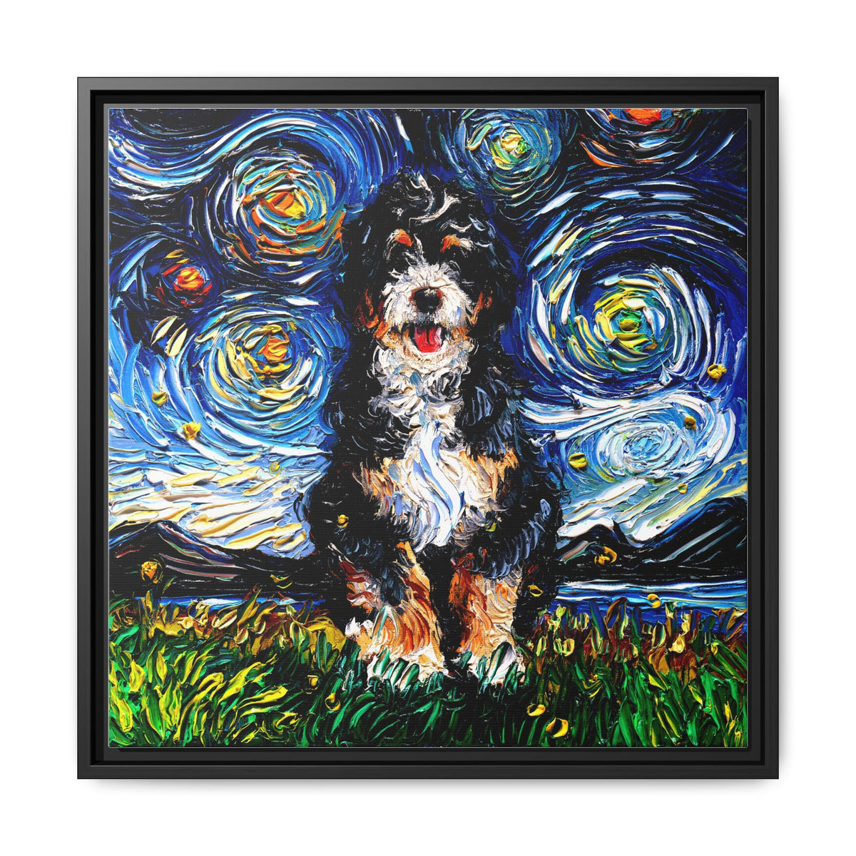 "Bernedoodle Night" Framed Canvas Wall Art