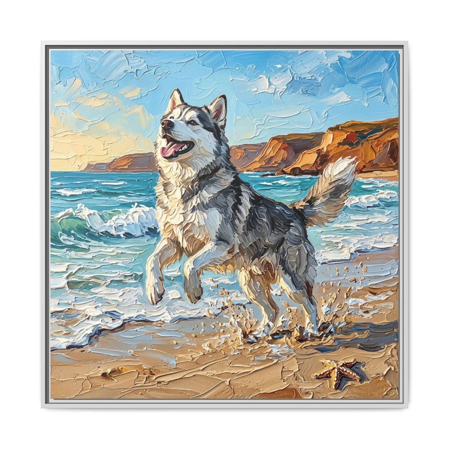 "Beach Day - Husky" Framed Canvas Wall Art