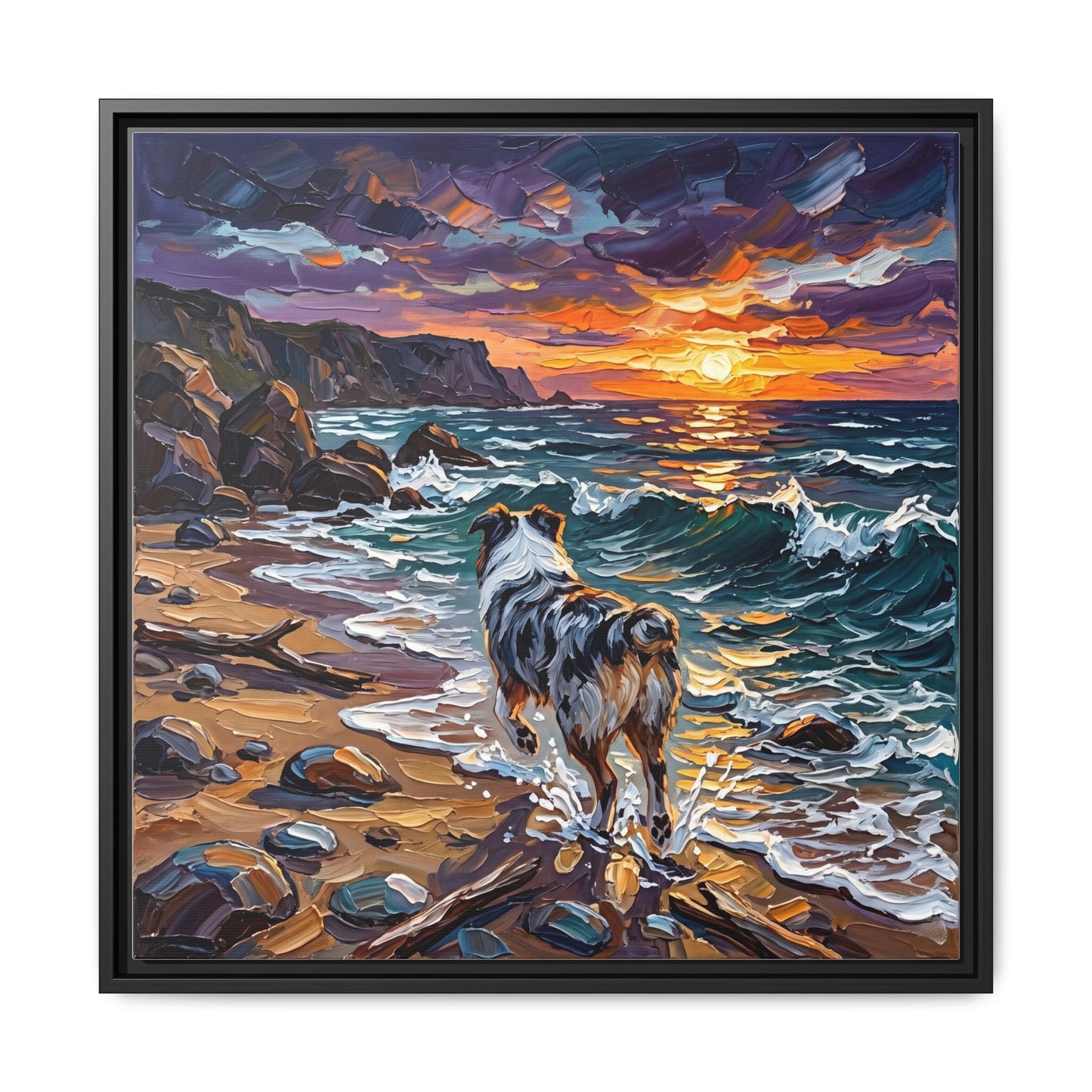 "Beach Day - Merle Aussie Shepherd" Framed Canvas Wall Art