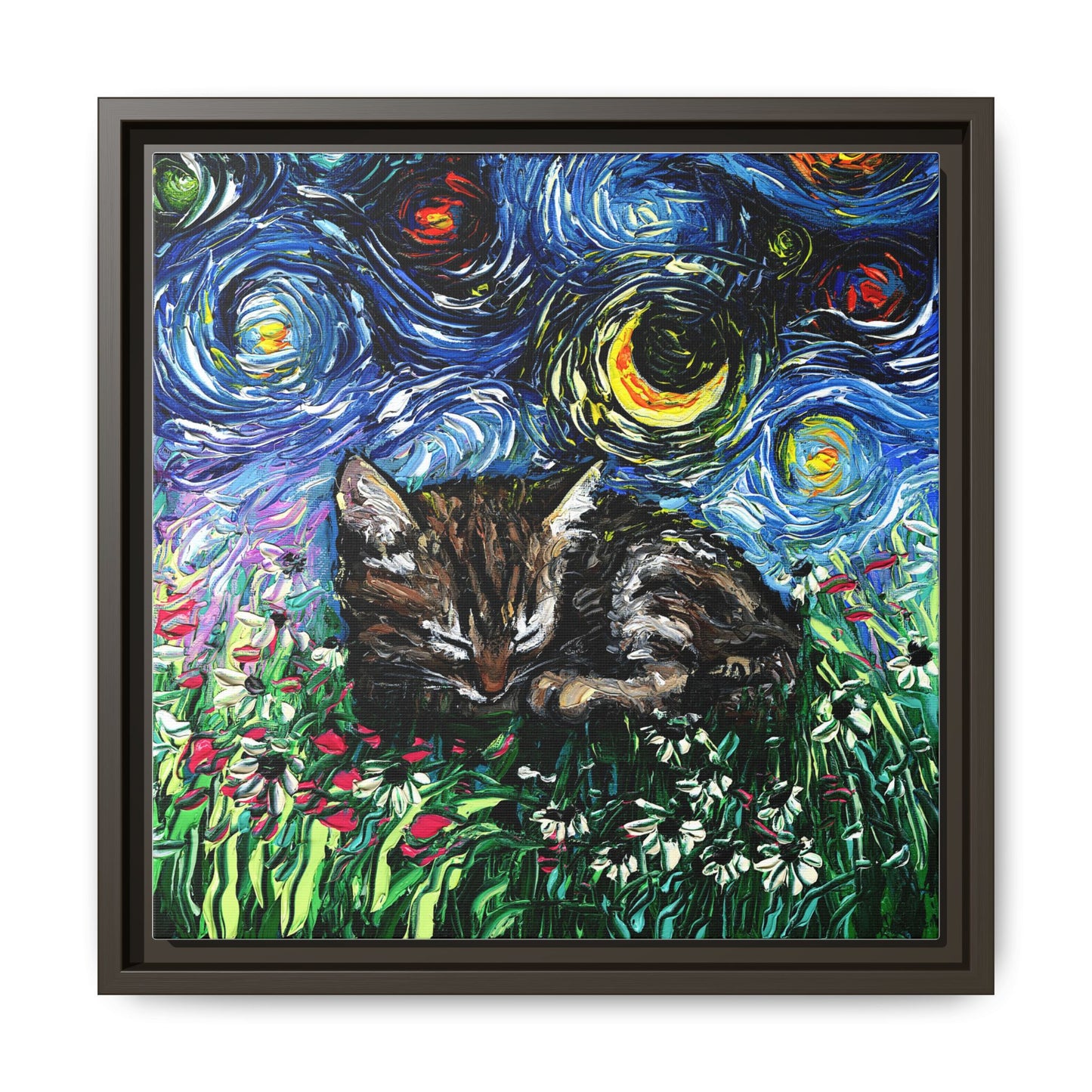 "Sleepy Tabby Kitten Night" Framed Canvas Wall Art