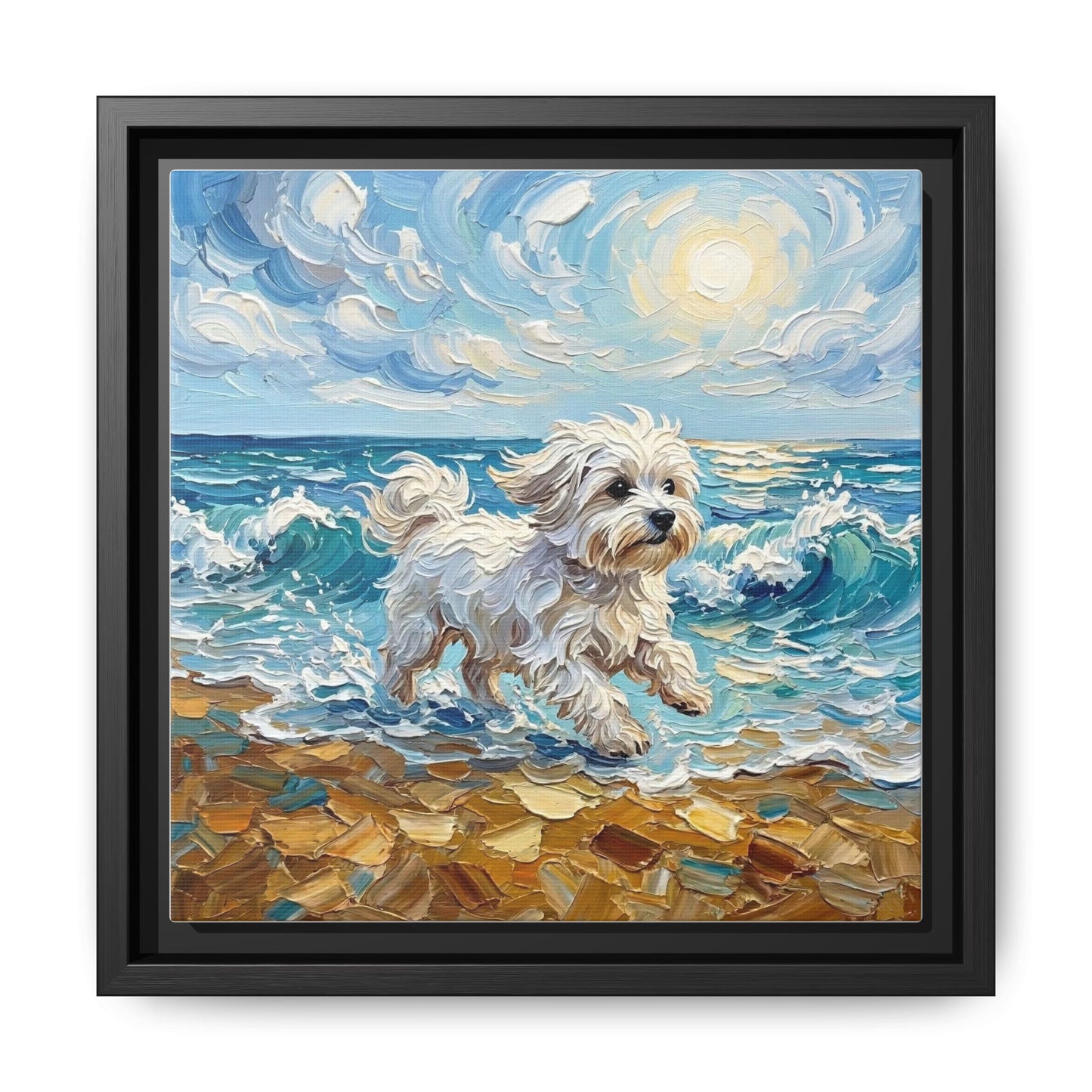 "Beach Day - Maltese" Framed Canvas Wall Art