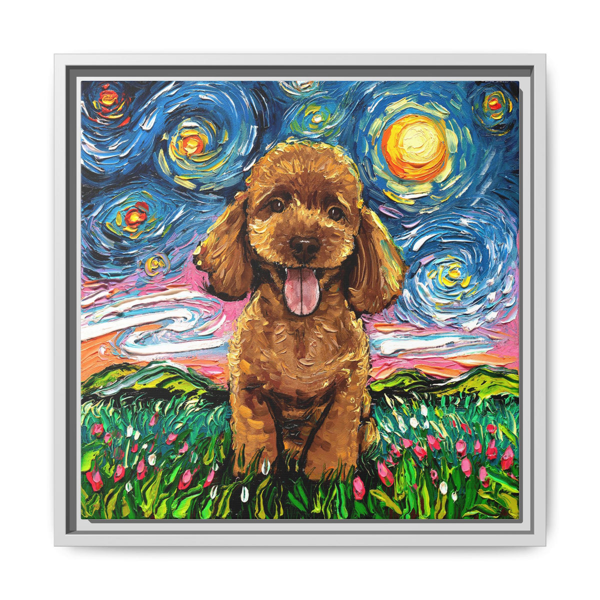 "Apricot Poodle Puppy Night" Framed Canvas Wall Art