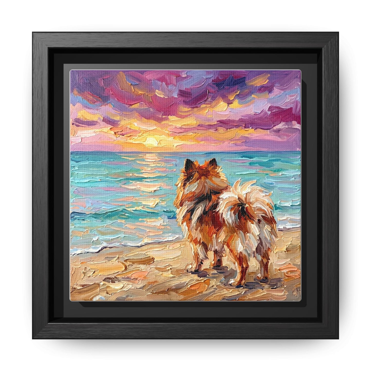 "Beach Sunset - Pomeranian" Framed Canvas Wall Art