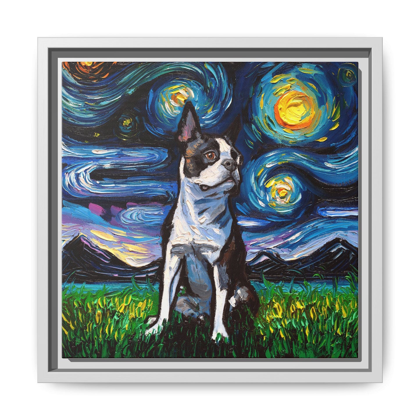 "Boston Terrier Night" Framed Canvas Wall Art