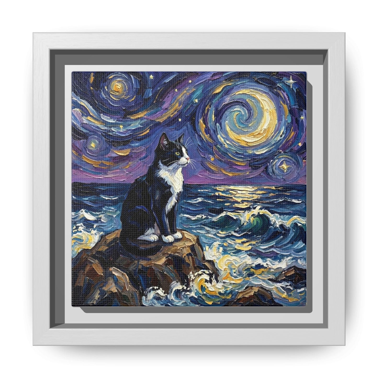 "Beach Night - Tuxedo Cat" Framed Canvas Wall Art