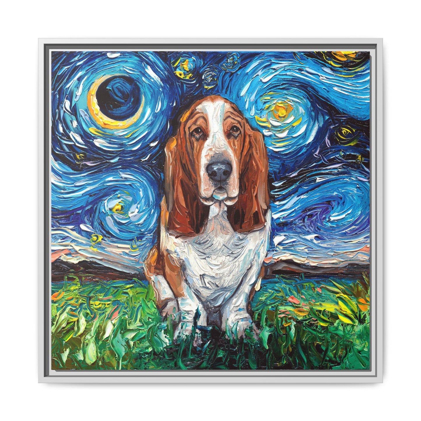 "Basset Hound Night" Framed Canvas Wall Art