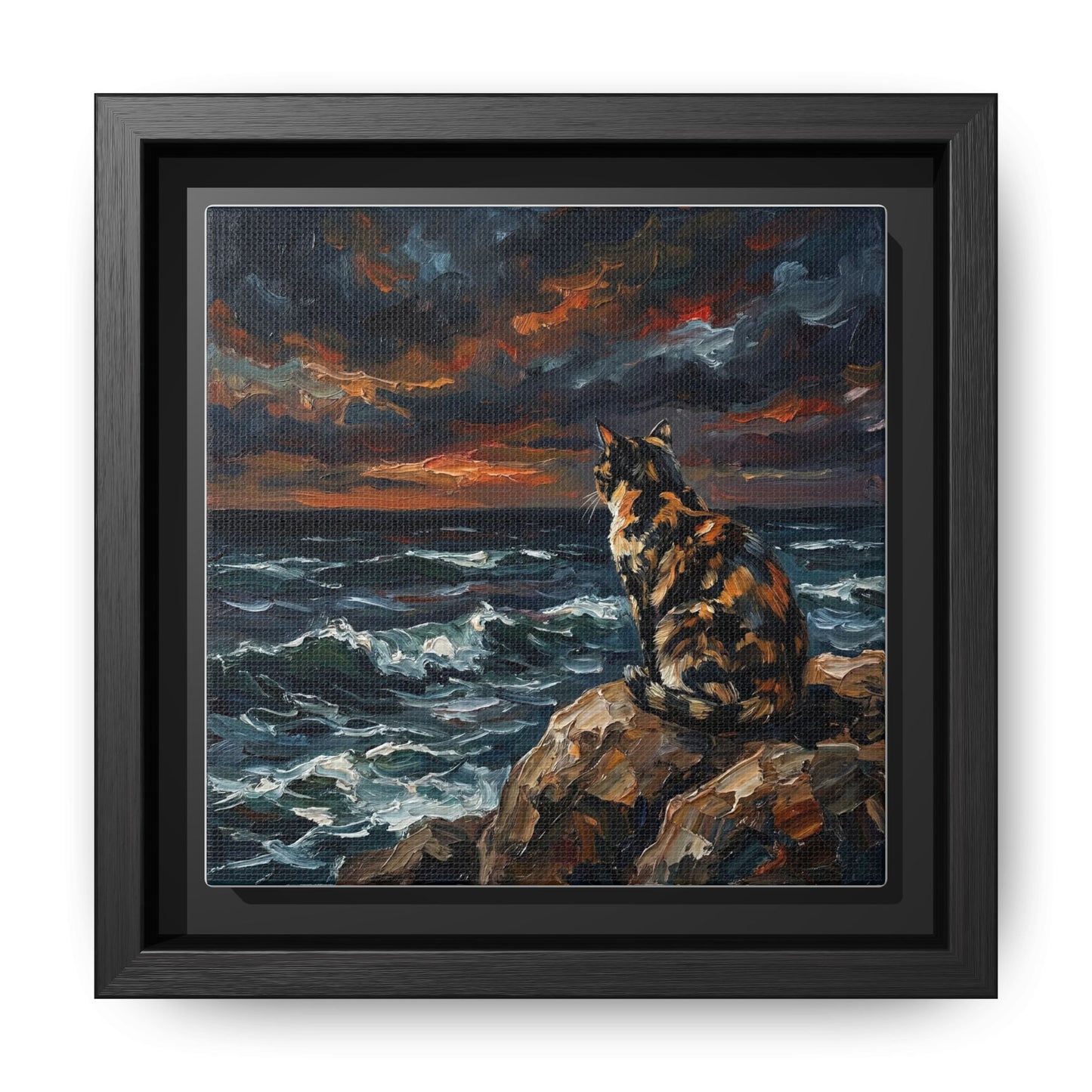 "Beach Night - Tortie Cat" Framed Canvas Wall Art