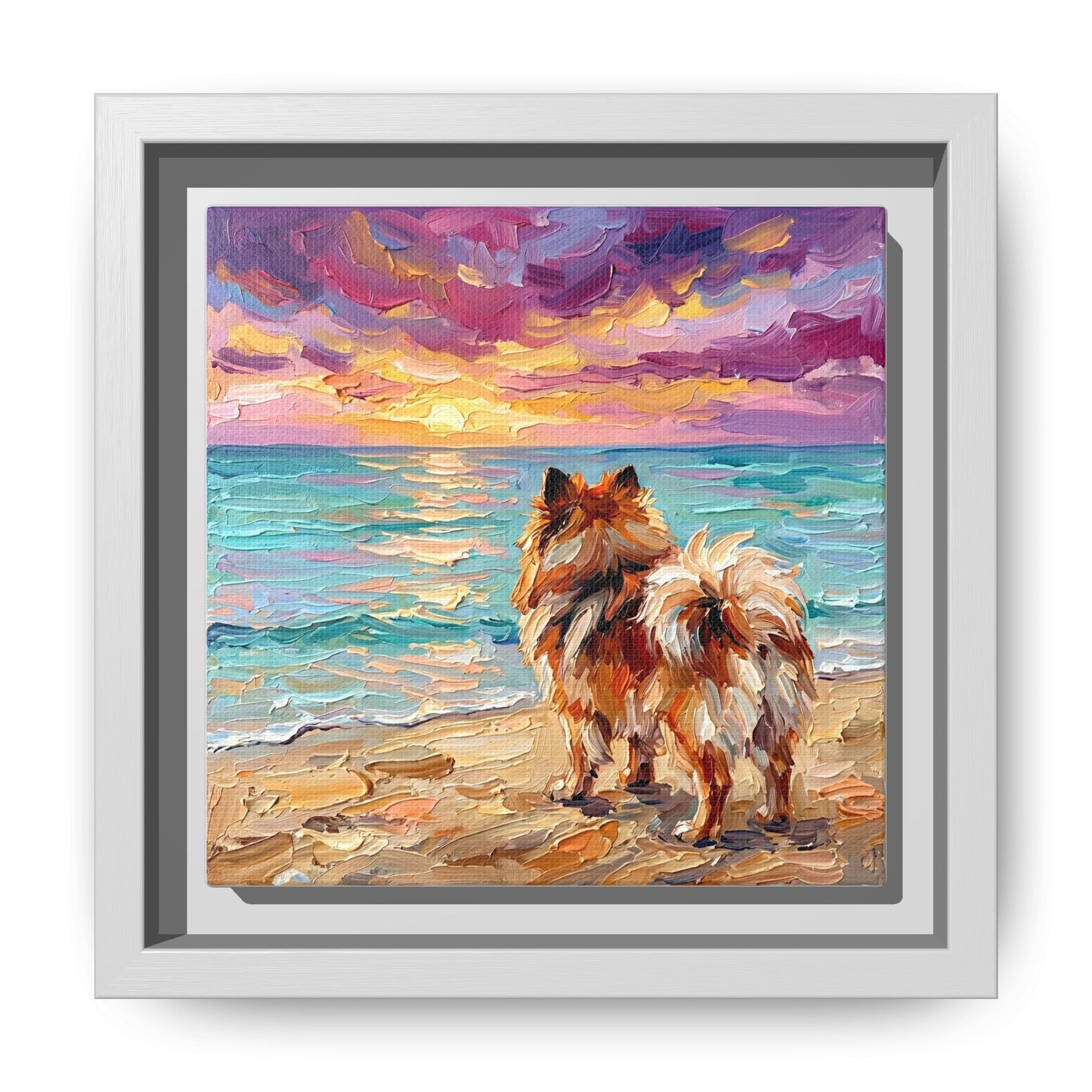 "Beach Sunset - Pomeranian" Framed Canvas Wall Art
