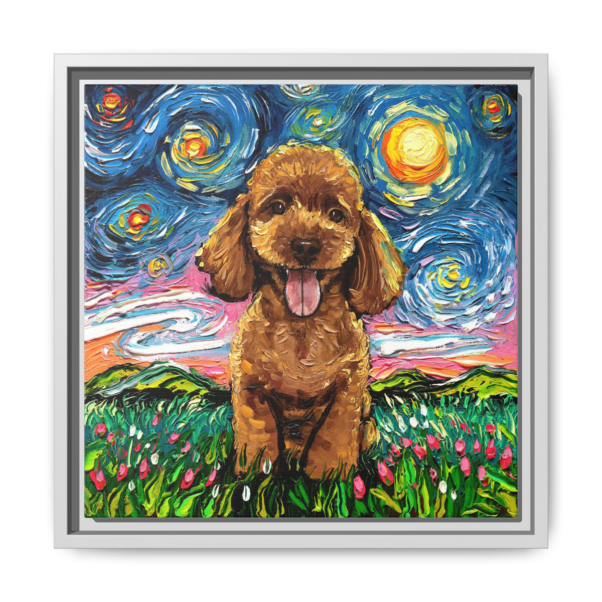 "Apricot Poodle Puppy Night" Framed Canvas Wall Art