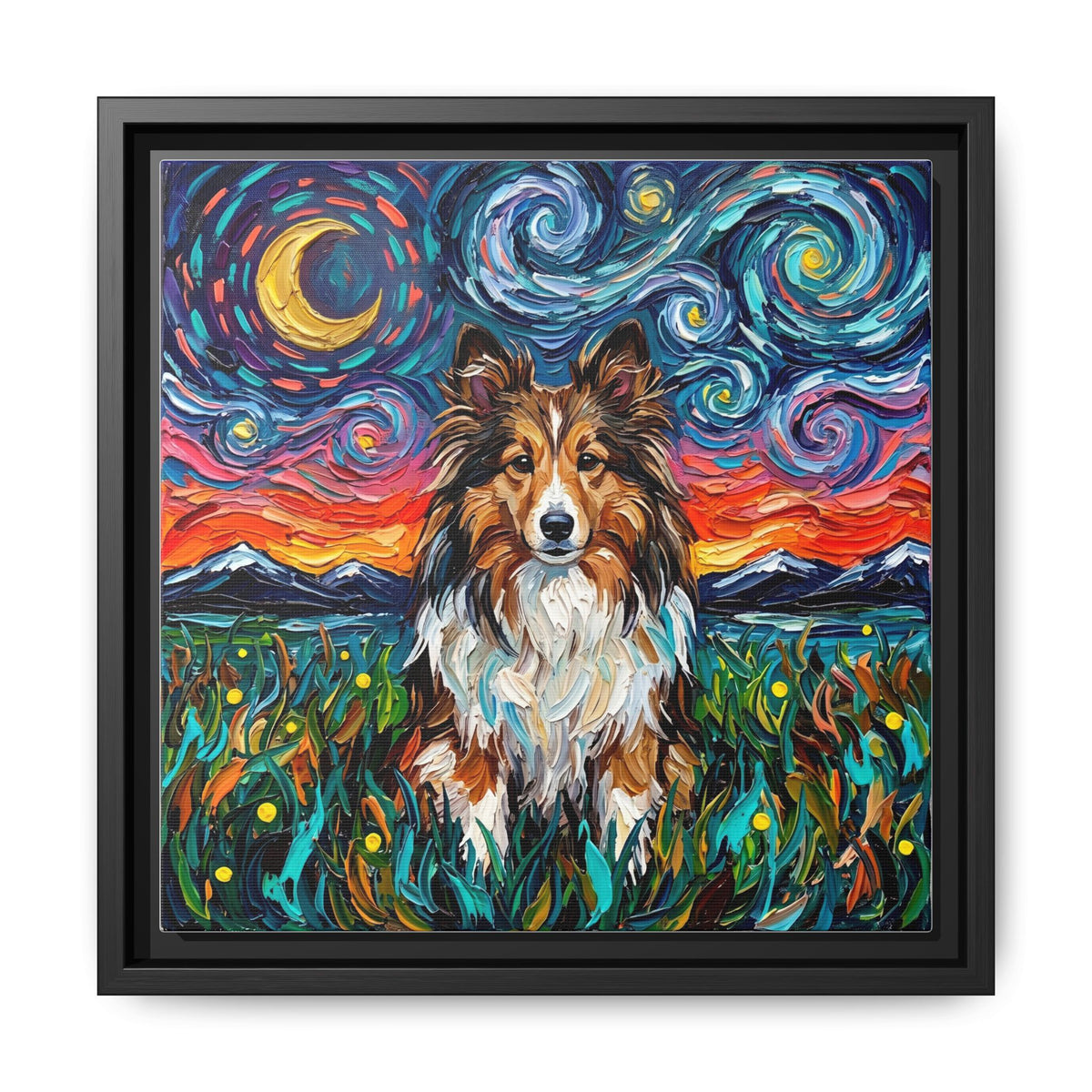 "Sheltie Night 2" Framed Canvas Wall Art