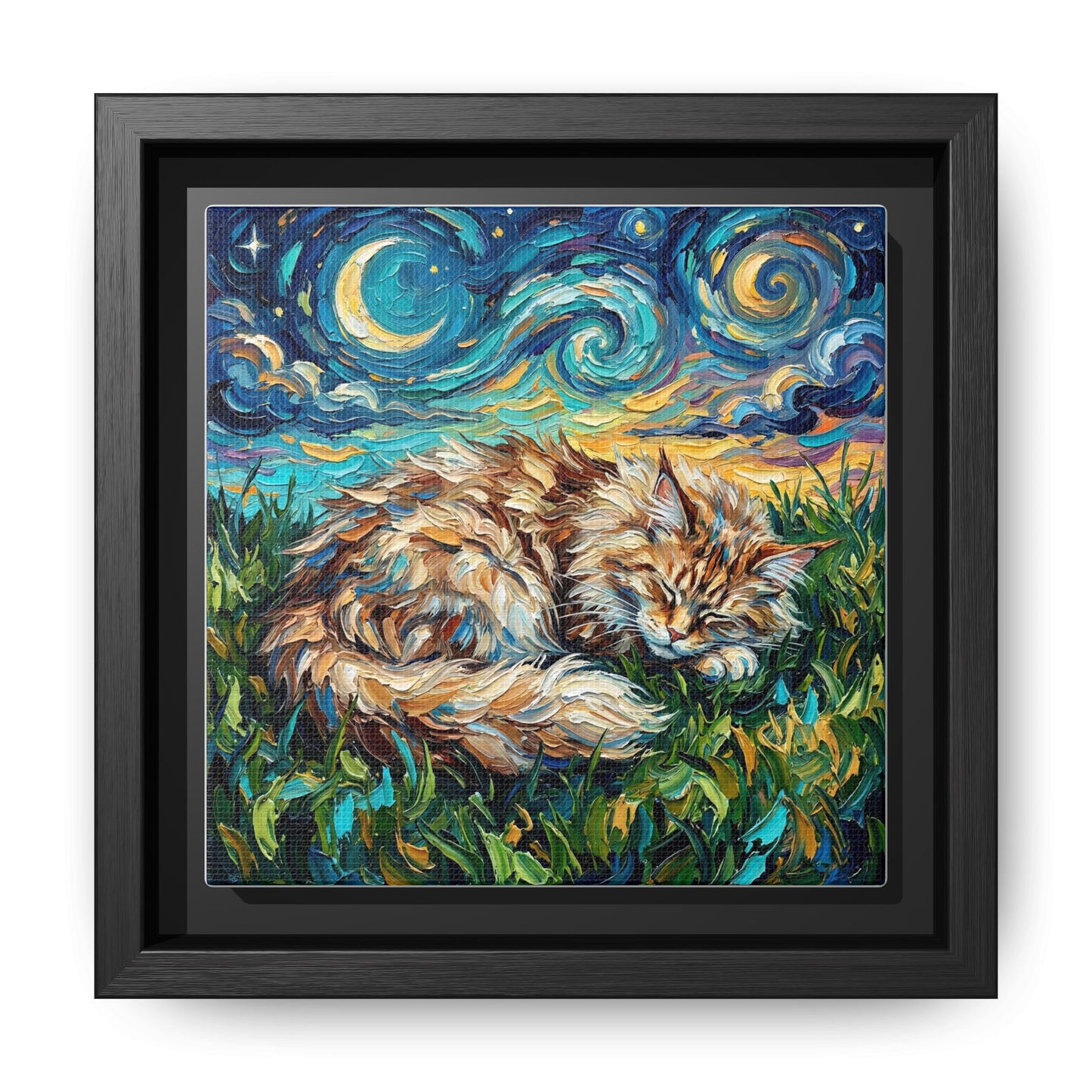 "Sleepy Maine Coon Night" Framed Canvas Wall Art