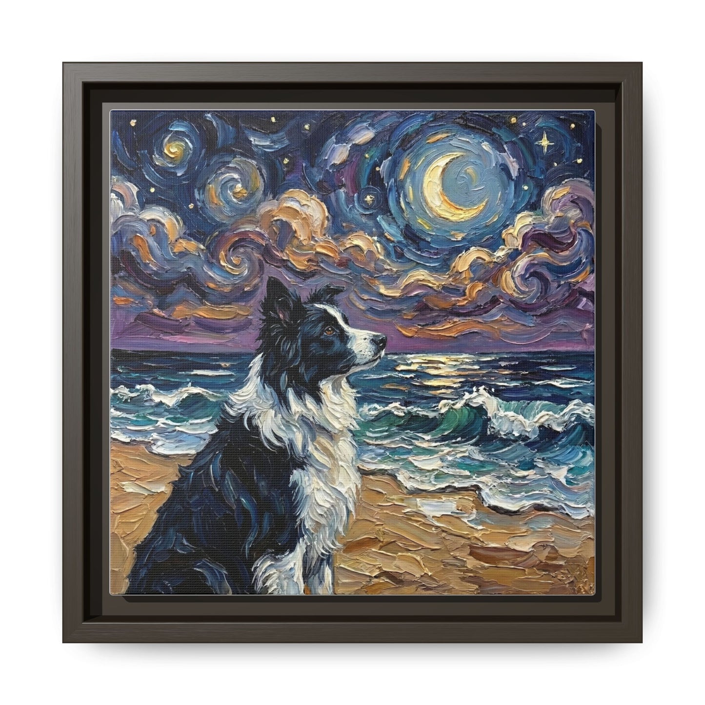 "Beach Night - Border Collie" Framed Canvas Wall Art