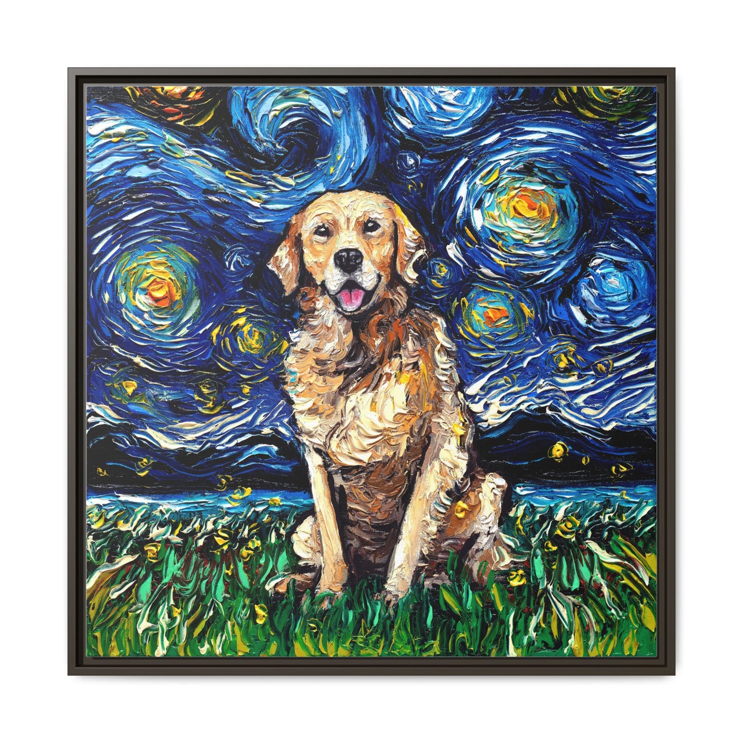"Golden Retriever Night" Framed Canvas Wall Art