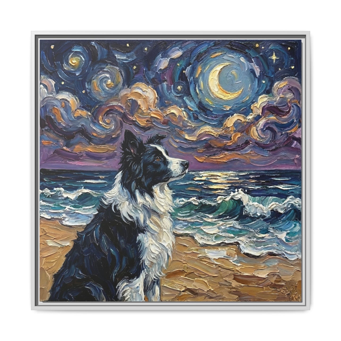 "Beach Night - Border Collie" Framed Canvas Wall Art
