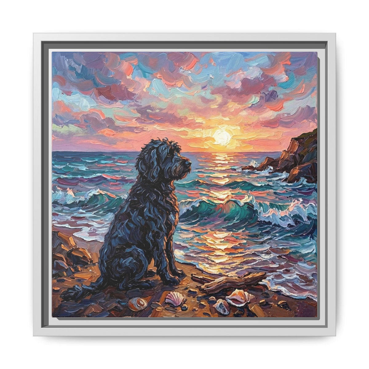 "Beach Days - Portuguese Water Dog" Framed Canvas Wall Art